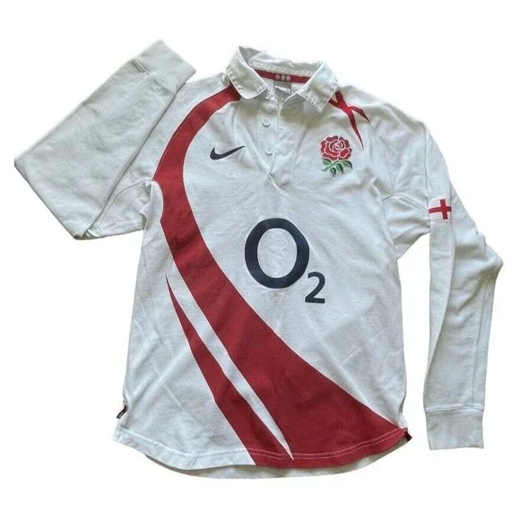 Nike England Rugby Union Polo Shirt Long Sleeve Rose Patch 2000